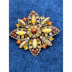 Vintage Gemstone Floral Brooch Pin Gold-Tone Base Brown & Yellow Accents
